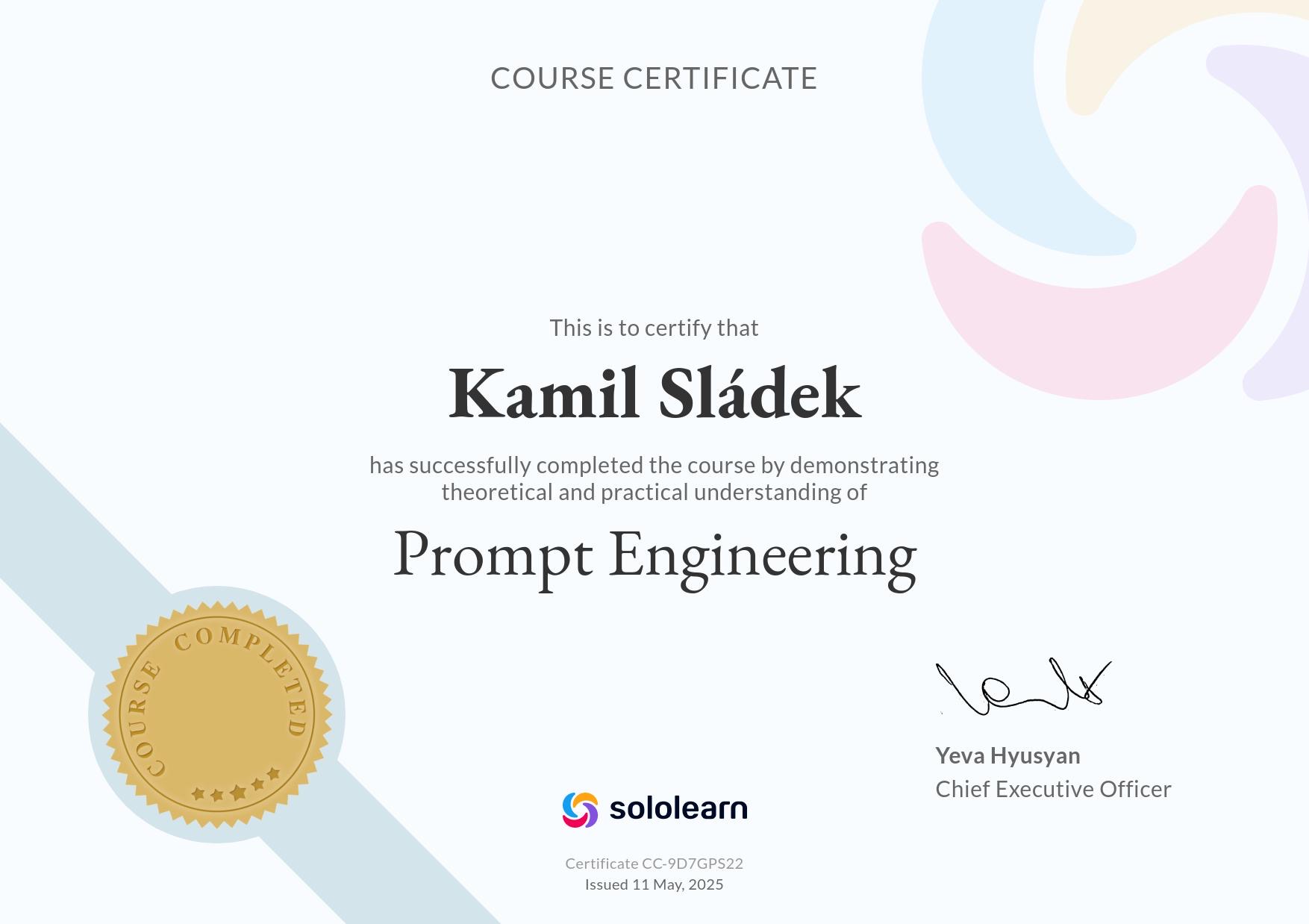 Certifikát AI Prompt Engineering - oficiální doklad o dokončení kurzu umělé inteligence a prompt engineeringu, vydaný Kamilovi Sládkovi